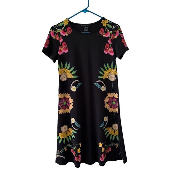 Desigual Floral Short Sleeve Round Neck Shift Mini Dress Black Women's Size XS - Picture 1 of 5